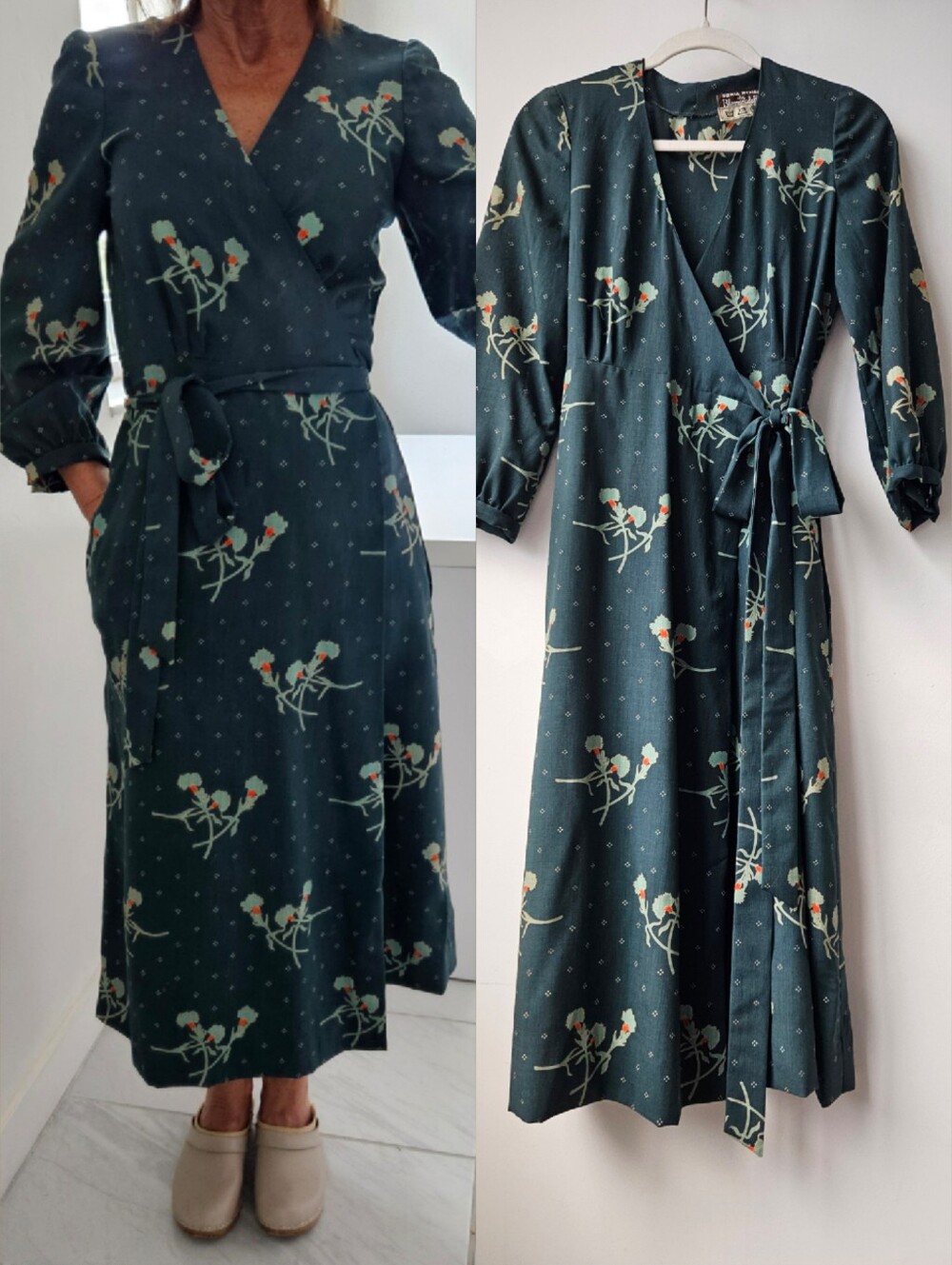 Sonia Rykiel Chez Bloomingdales Vintage 70's Era Green Floral Wrap Dress